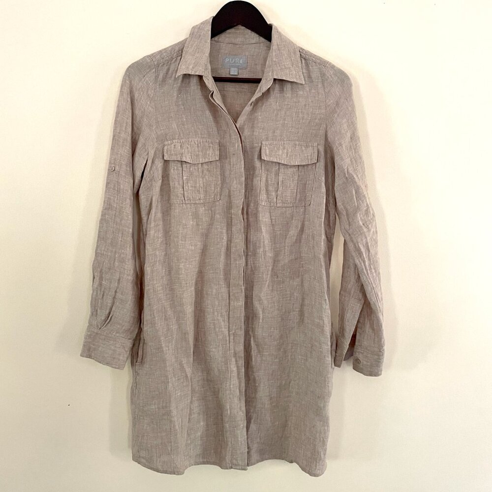 Tan Linen Jacket Pure Collection Brown Long Button Up Shirt with Pockets Size 4